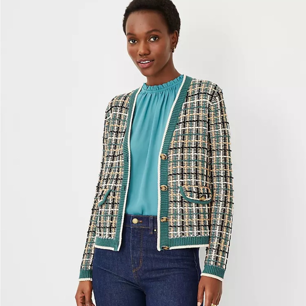 Ann Taylor Tweedy V-neck Green and Cream Cardigan Sweater